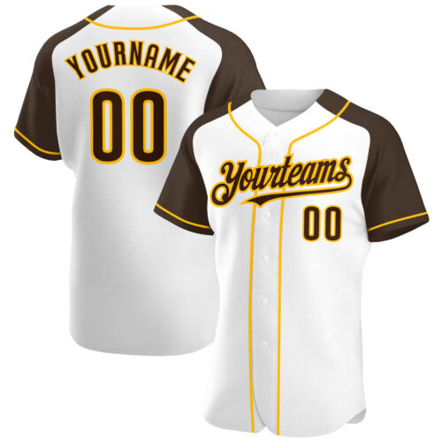 RaglanSleeves0171 Custom White Brown-Gold Authentic Raglan Sleeves Baseball Jersey