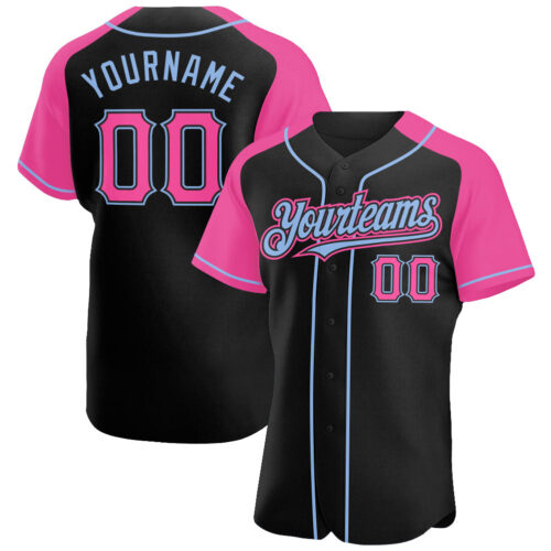 RaglanSleeves0175 Custom Black Pink-Light Blue Authentic Raglan Sleeves Baseball Jersey