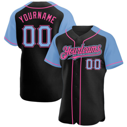 RaglanSleeves0176 Custom Black Light Blue-Pink Authentic Raglan Sleeves Baseball Jersey