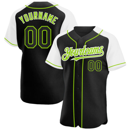 RaglanSleeves0187 Custom Black White-Neon Green Authentic Raglan Sleeves Baseball Jersey