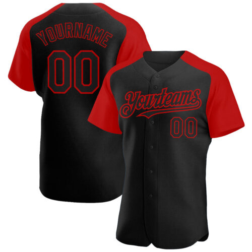 RaglanSleeves0192 Custom Black Red Authentic Raglan Sleeves Baseball Jersey