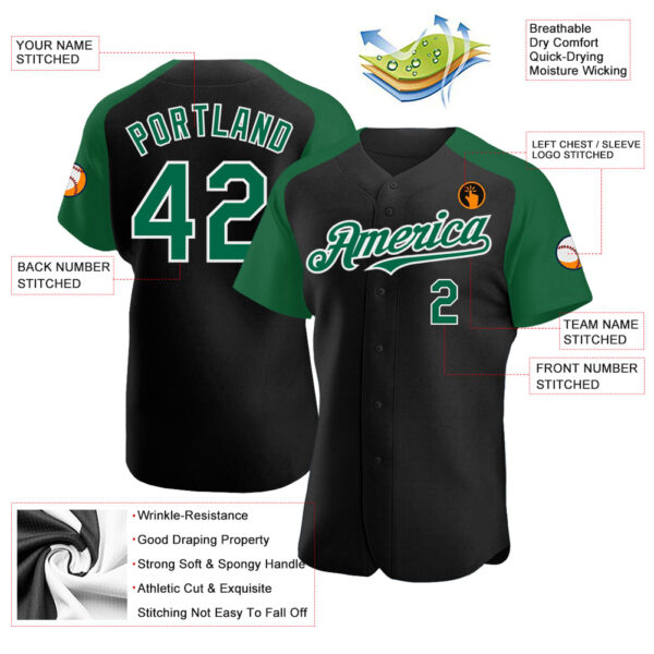 Custom Black Kelly Green-White Authentic Raglan Sleeves Baseball Jersey