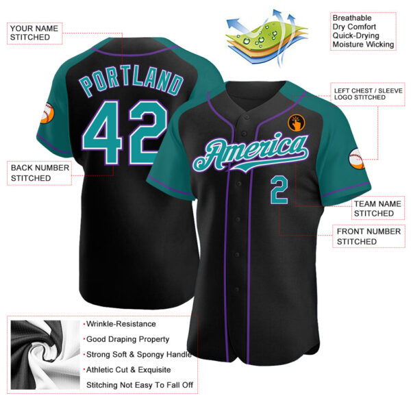 Custom Black Teal-Purple Authentic Raglan Sleeves Baseball Jersey