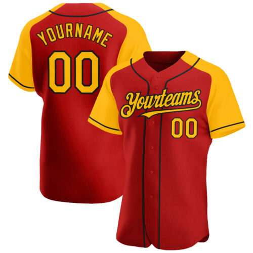 RaglanSleeves0256 Custom Red Gold-Black Authentic Raglan Sleeves Baseball Jersey