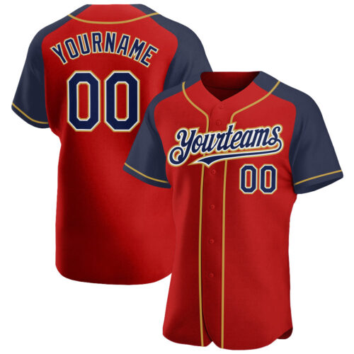 RaglanSleeves0261 Custom Red Navy-Old Gold Authentic Raglan Sleeves Baseball Jersey