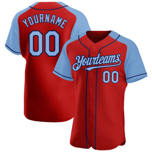 RaglanSleeves0268 Custom Red Light Blue-Navy Authentic Raglan Sleeves Baseball Jersey
