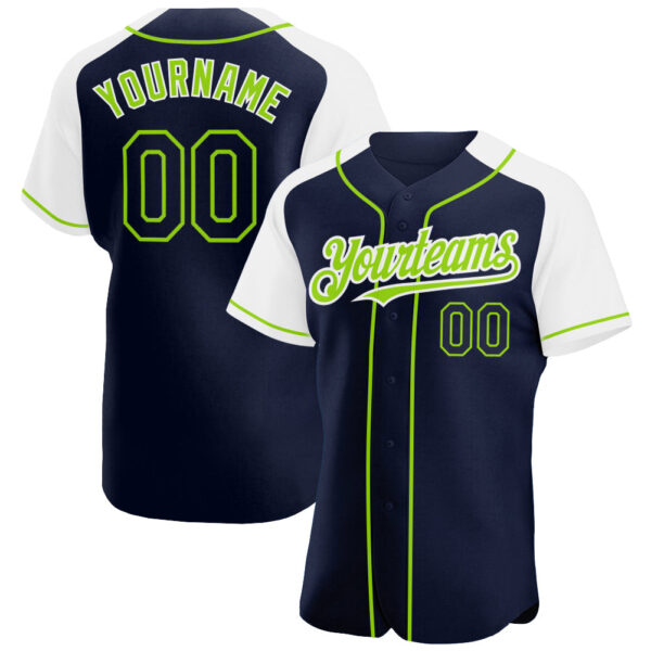 Custom Navy White-Neon Green Authentic Raglan Sleeves Baseball Jersey