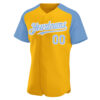 Custom Gold Light Blue-White Authentic Raglan Sleeves Baseball Jersey