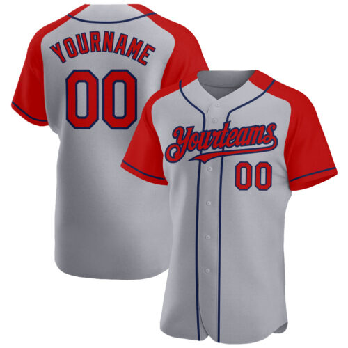 RaglanSleeves0341_9e8d4759-ee6e-4850-b4cf-9e7214ed279d Custom Gray Red-Navy Authentic Raglan Sleeves Baseball Jersey