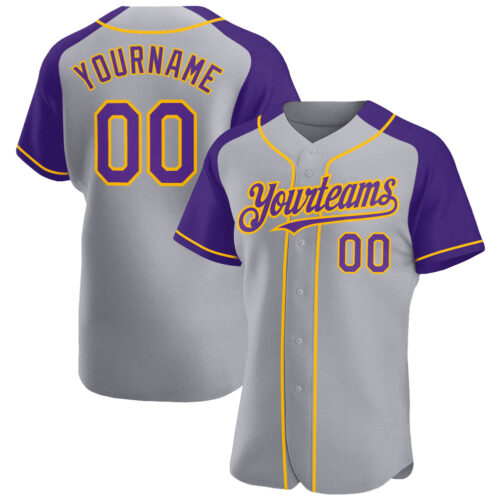 RaglanSleeves0370_2130b562-3e8a-4167-915c-20837923f61b Custom Gray Purple-Gold Authentic Raglan Sleeves Baseball Jersey
