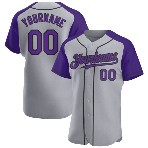 Custom Gray Purple-Black Authentic Raglan Sleeves Baseball Jersey