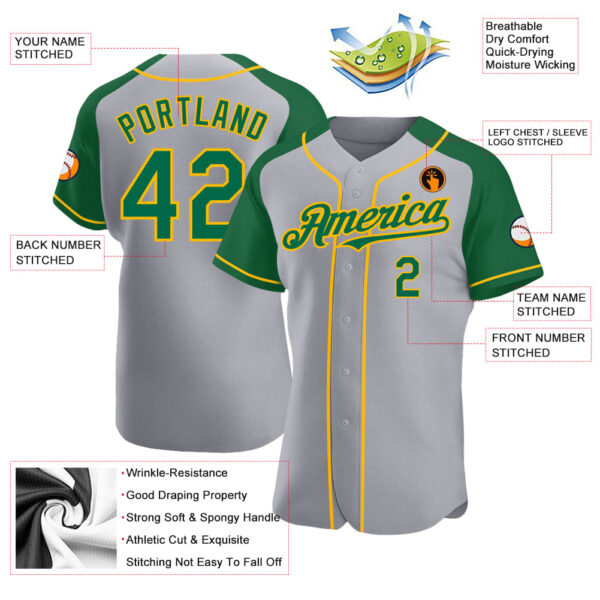 Custom Gray Kelly Green-Gold Authentic Raglan Sleeves Baseball Jersey