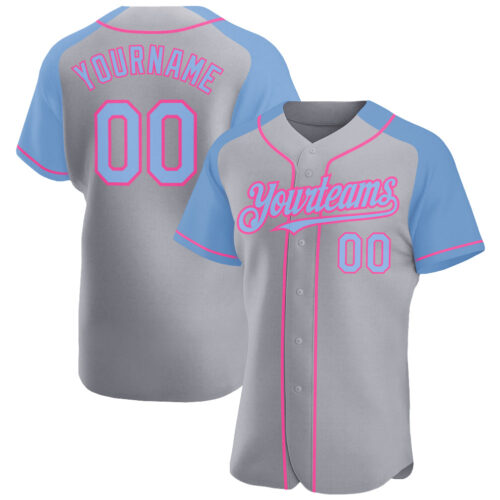 RaglanSleeves0382_ffa91953-f680-497e-9512-b9e3e111cf98 Custom Gray Light Blue-Pink Authentic Raglan Sleeves Baseball Jersey