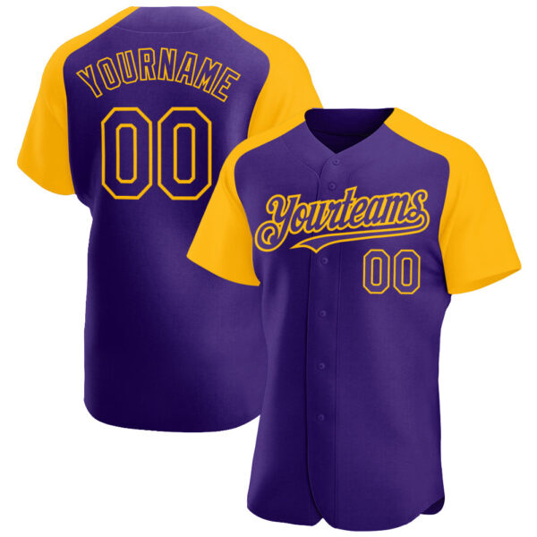 Custom Purple Gold Authentic Raglan Sleeves Baseball Jersey