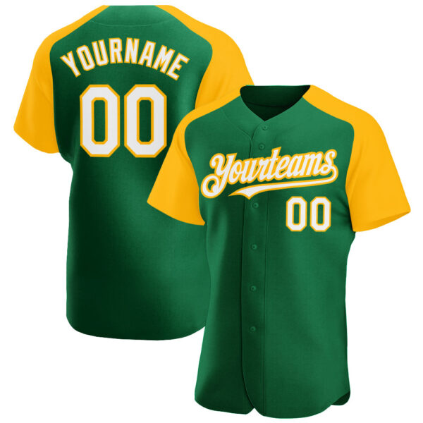 Custom Kelly Green White-Gold Authentic Raglan Sleeves Baseball Jersey