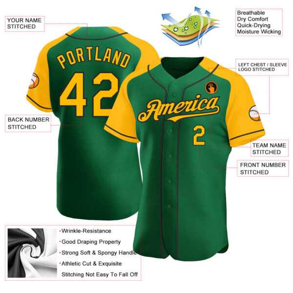 Custom Kelly Green Gold-Black Authentic Raglan Sleeves Baseball Jersey