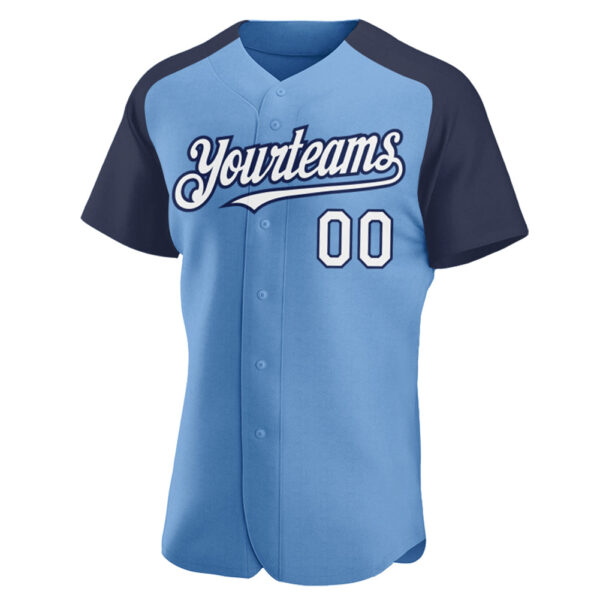 Custom Light Blue White-Navy Authentic Raglan Sleeves Baseball Jersey