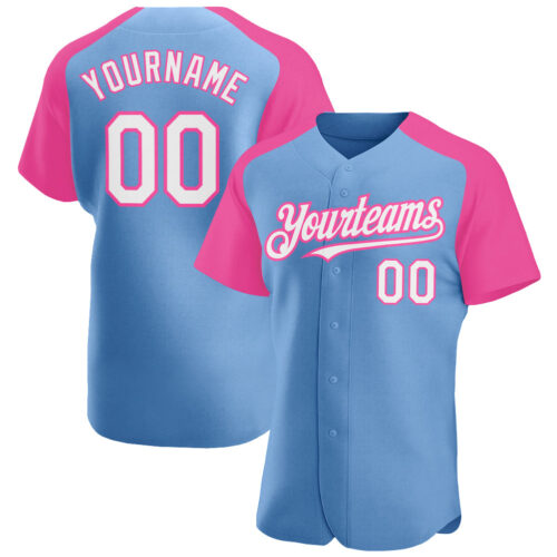RaglanSleeves0440 Custom Light Blue White-Pink Authentic Raglan Sleeves Baseball Jersey
