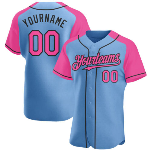RaglanSleeves0441 Custom Light Blue Pink-Black Authentic Raglan Sleeves Baseball Jersey