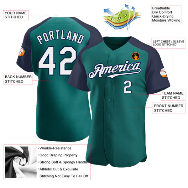Custom Teal White-Navy Authentic Raglan Sleeves Baseball Jersey