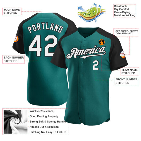 Custom Teal White-Black Authentic Raglan Sleeves Baseball Jersey