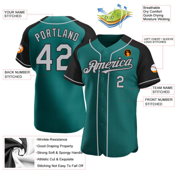 Custom Teal Gray-Black Authentic Raglan Sleeves Baseball Jersey