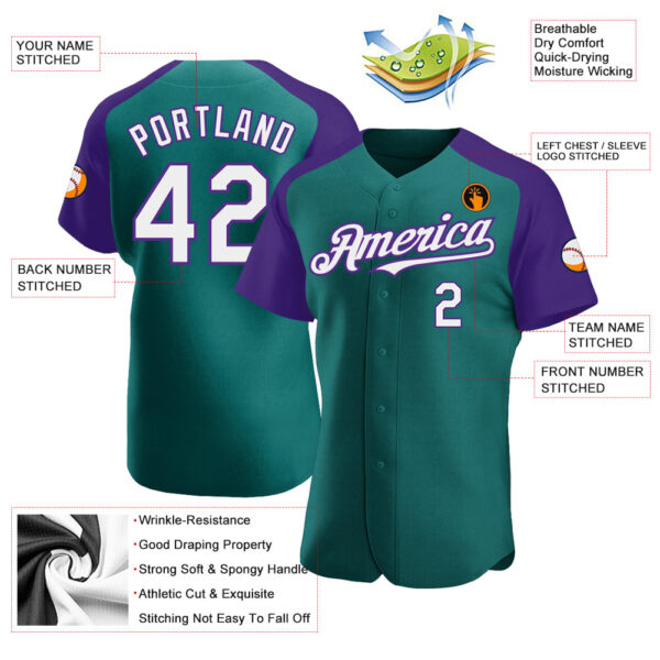 Custom Teal White-Purple Authentic Raglan Sleeves Baseball Jersey