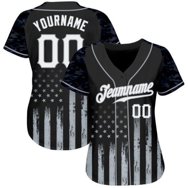 Custom Black White-Gray Camo Raglan Sleeves American Flag Patriotic Authentic Baseball Jersey