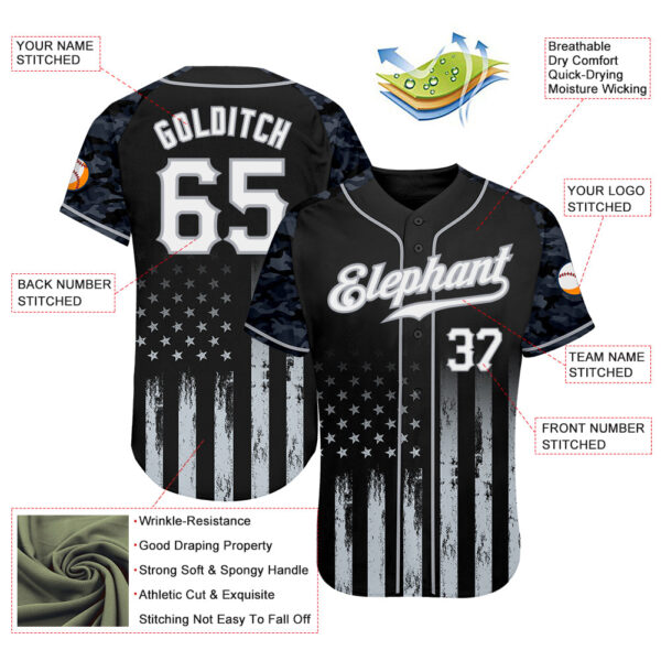 Custom Black White-Gray Camo Raglan Sleeves American Flag Patriotic Authentic Baseball Jersey