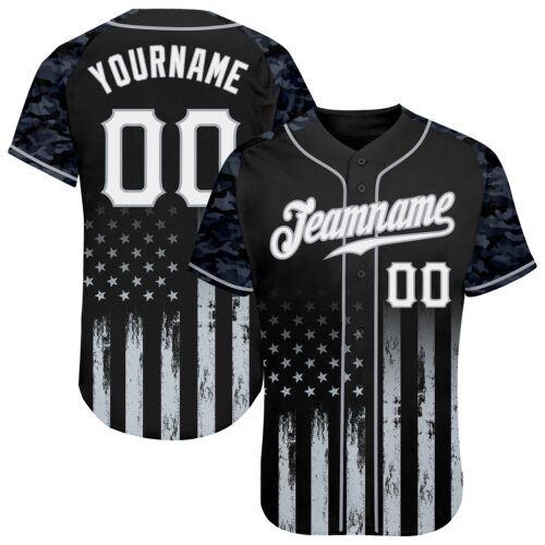 Custom Black White-Gray Camo Raglan Sleeves American Flag Patriotic Authentic Baseball Jersey