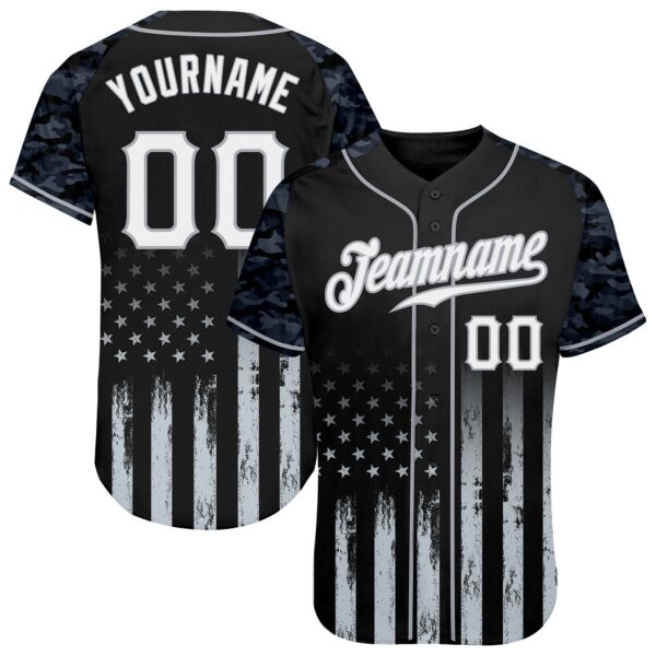 Custom Black White-Gray Camo Raglan Sleeves American Flag Patriotic Authentic Baseball Jersey