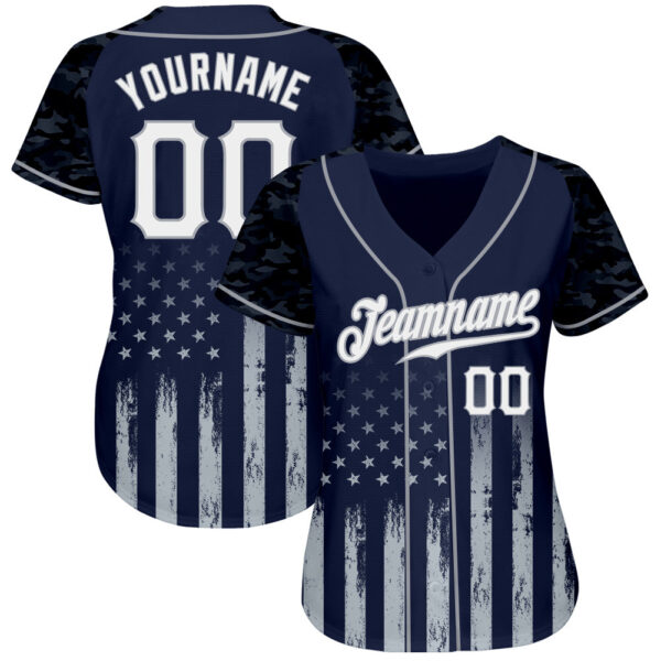 Custom Navy White-Gray Camo Raglan Sleeves American Flag Patriotic Authentic Baseball Jersey