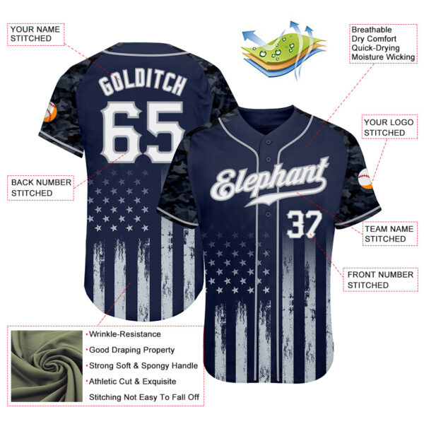 Custom Navy White-Gray Camo Raglan Sleeves American Flag Patriotic Authentic Baseball Jersey