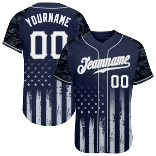 Custom Navy White-Gray Camo Raglan Sleeves American Flag Patriotic Authentic Baseball Jersey