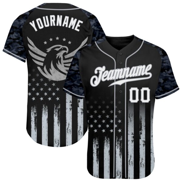 Custom Black White-Gray Camo Raglan Sleeves American Flag Eagle Patriotic Authentic Baseball Jersey