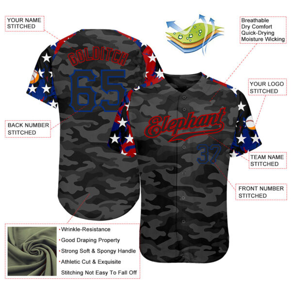 Custom Camo Black Royal-Red American Flag Star Raglan Sleeves Patriotic Authentic Baseball Jersey