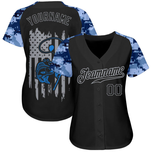 Custom Black Gray American Flag Patriotic Camo Raglan Sleeves Fishing Authentic Baseball Jersey