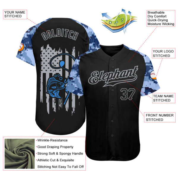 Custom Black Gray American Flag Patriotic Camo Raglan Sleeves Fishing Authentic Baseball Jersey