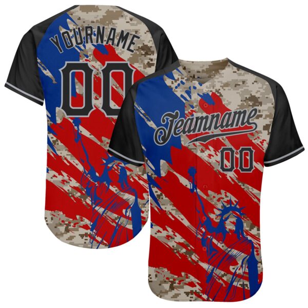 Custom Camo Black Red-Gray American Flag Statue Of Liberty Patriotic Splatter Raglan Sleeves Authentic Baseball Jersey