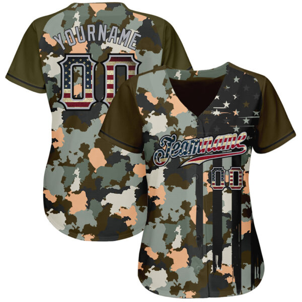 Custom Camo Vintage USA Flag Olive Gray-Black Patriotic Raglan Sleeves Authentic Baseball Jersey