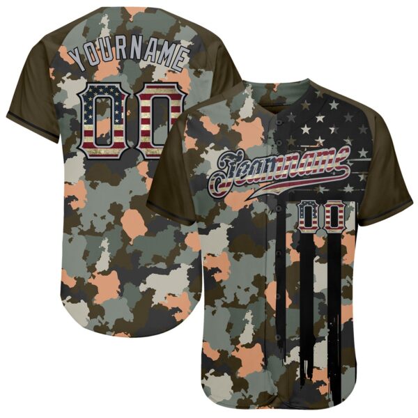 Custom Camo Vintage USA Flag Olive Gray-Black Patriotic Raglan Sleeves Authentic Baseball Jersey
