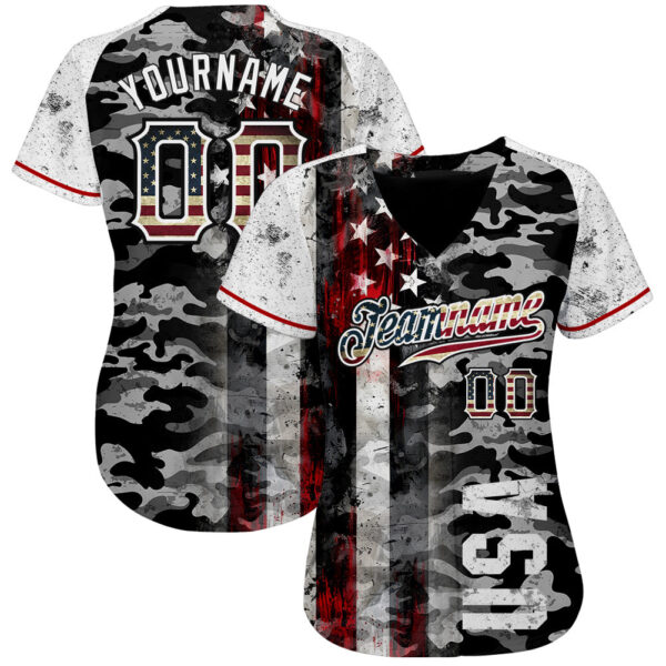 Custom Camo Vintage USA Flag Black Red-White Patriotic Grunge Raglan Sleeves Authentic Baseball Jersey