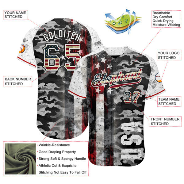 Custom Camo Vintage USA Flag Black Red-White Patriotic Grunge Raglan Sleeves Authentic Baseball Jersey
