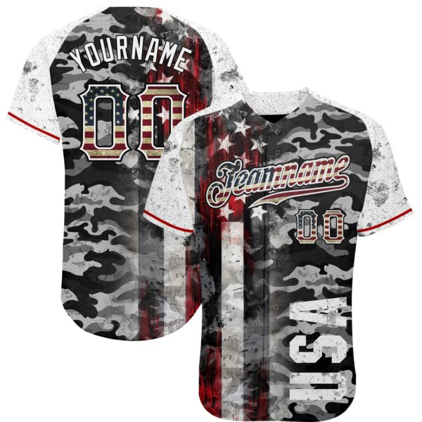 Custom Camo Vintage USA Flag Black Red-White Patriotic Grunge Raglan Sleeves Authentic Baseball Jersey