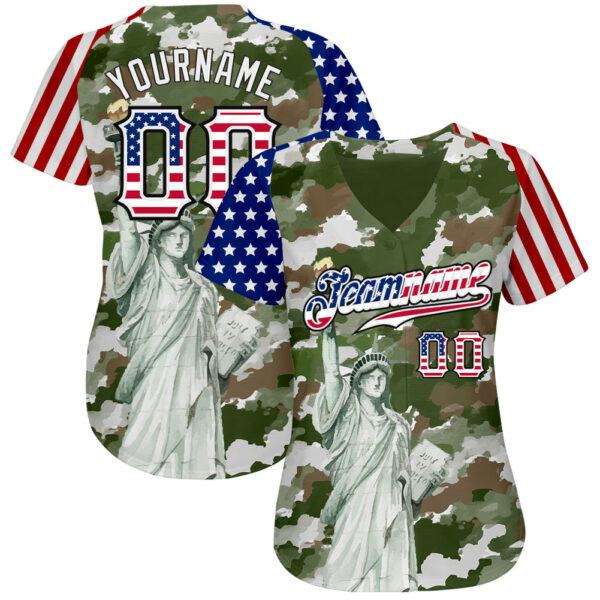 Custom Camo USA Flag Red Blue Black-White Statue Of Liberty Patriotic Stars & Stripes Raglan Sleeves Authentic Baseball Jersey