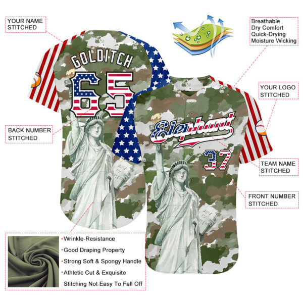 Custom Camo USA Flag Red Blue Black-White Statue Of Liberty Patriotic Stars & Stripes Raglan Sleeves Authentic Baseball Jersey
