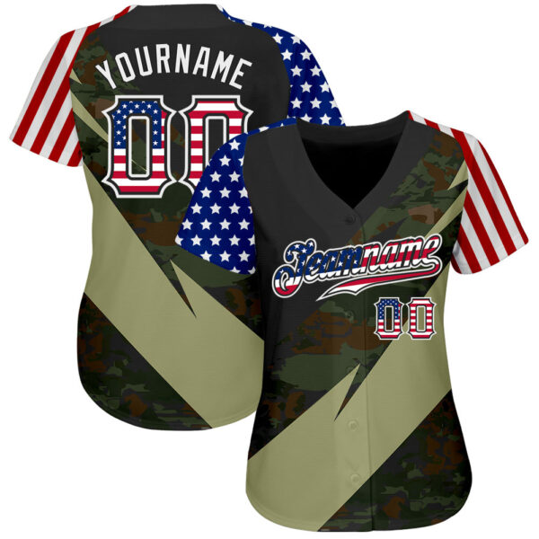 Custom Camo USA Flag Red Blue Black-White Patriotic Stars & Stripes Raglan Sleeves Authentic Baseball Jersey