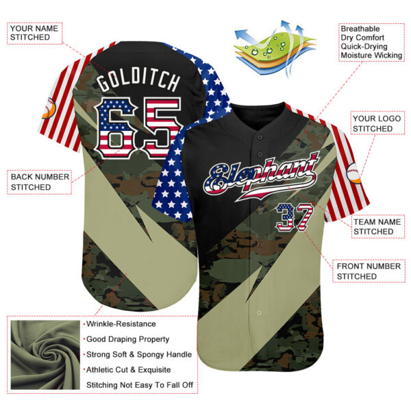 Custom Camo USA Flag Red Blue Black-White Patriotic Stars & Stripes Raglan Sleeves Authentic Baseball Jersey