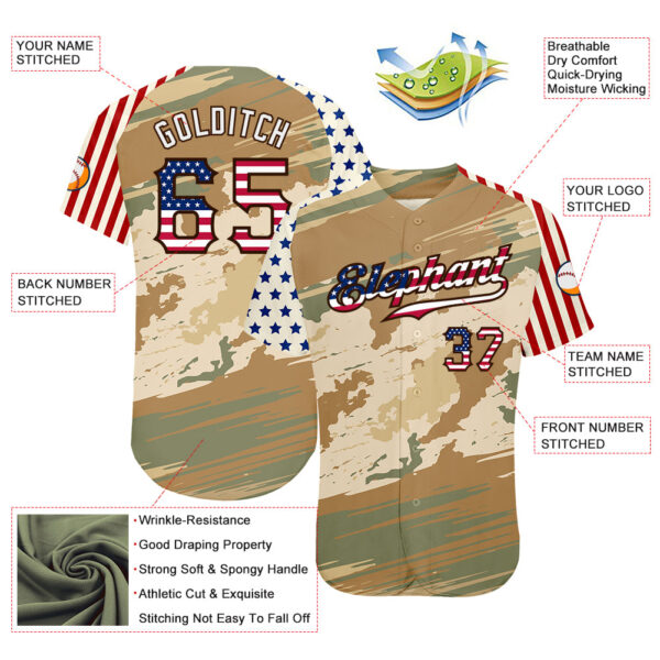 Custom Camo USA Flag Cream-Brown Patriotic Desert Camouflage Stars & Stripes Raglan Sleeves Authentic Baseball Jersey