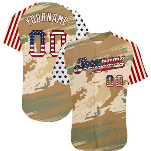 Custom Camo USA Flag Cream-Brown Patriotic Desert Camouflage Stars & Stripes Raglan Sleeves Authentic Baseball Jersey